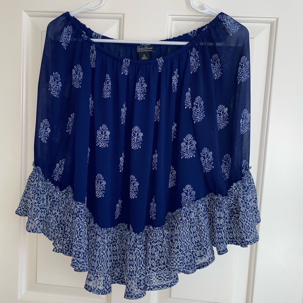 Lucky Brand Paisley Blue Off the Shoulder Top